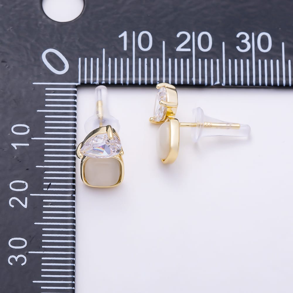 16K Gold Filled 14mm Teardrop Clear CZ & White Opal Square Stud Earrings | Earrings-00983 - Earrings-00984