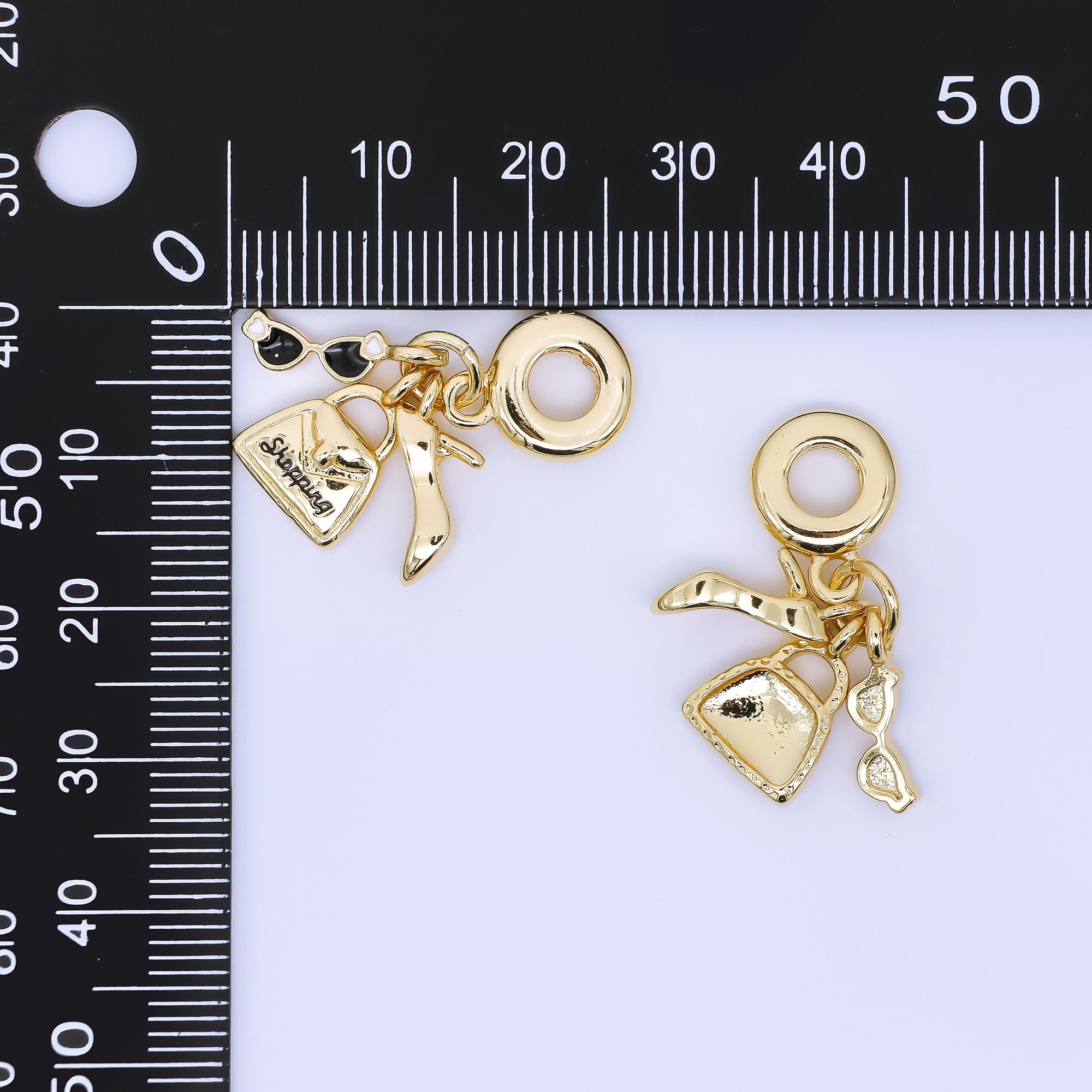 24K Gold Filled 14mm Glasses, Heels, & Shopping Bag Fancy Set Rondelle Drop Charm | AC1652