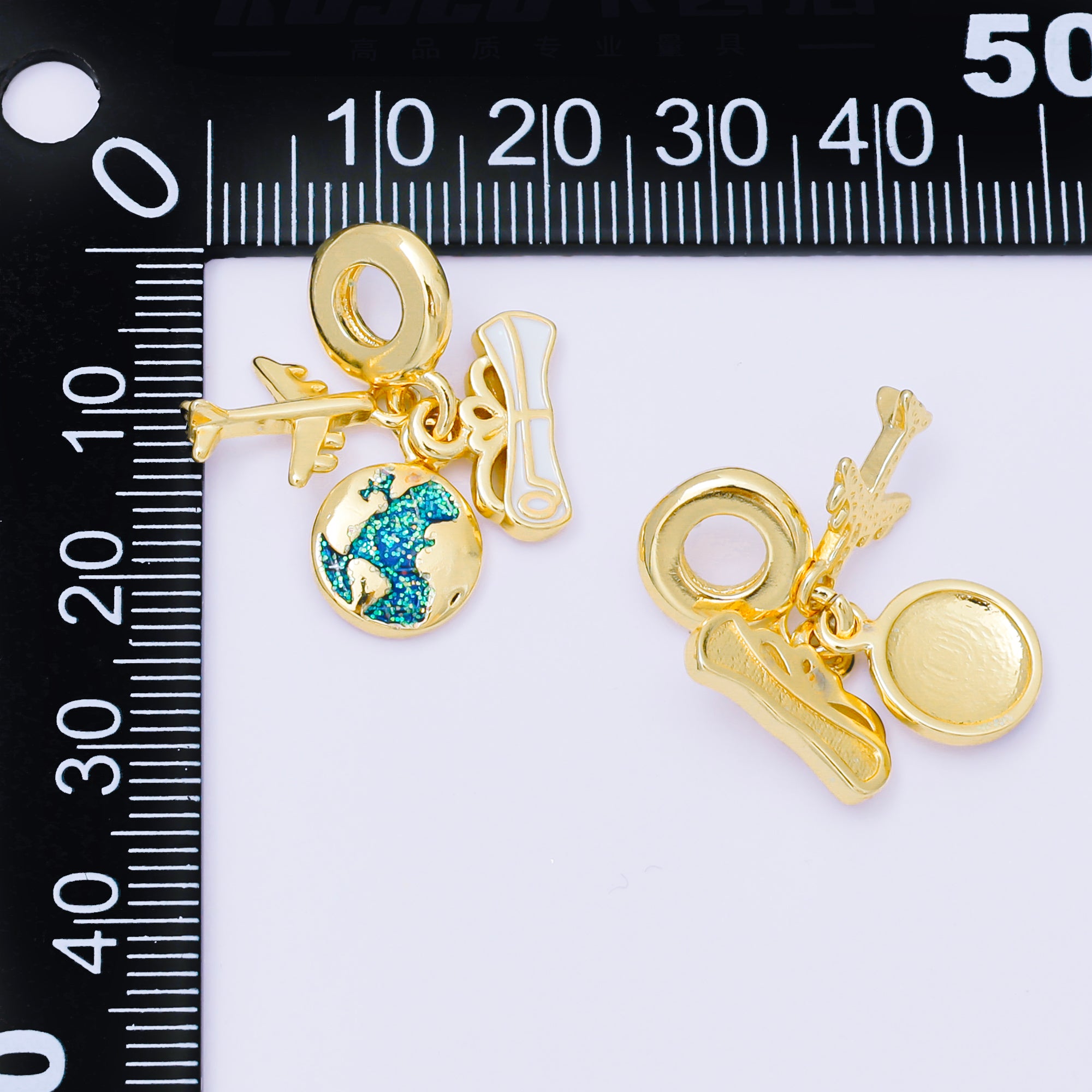 24K Gold Filled 14mm Airplane Globe World Map Drop Rondelle Charm | AC1634