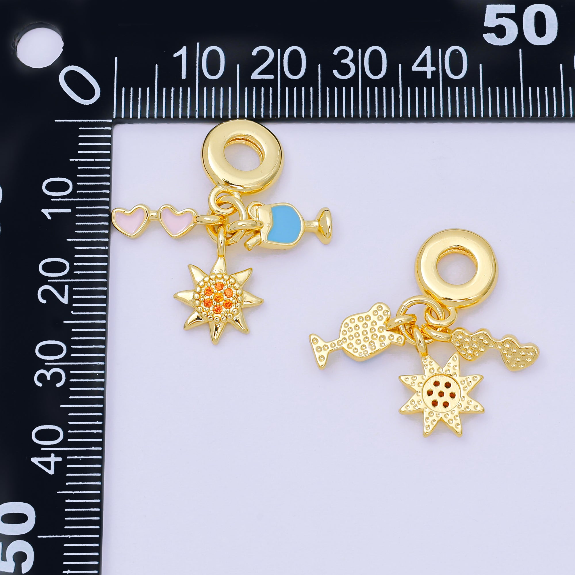 24K Gold Filled 14mm Orange Micro Paved CZ Enamel Art Summer Holiday Set Charm in Glasses, Drink, & Sun Rhondelle Drop Pendant | D-893
