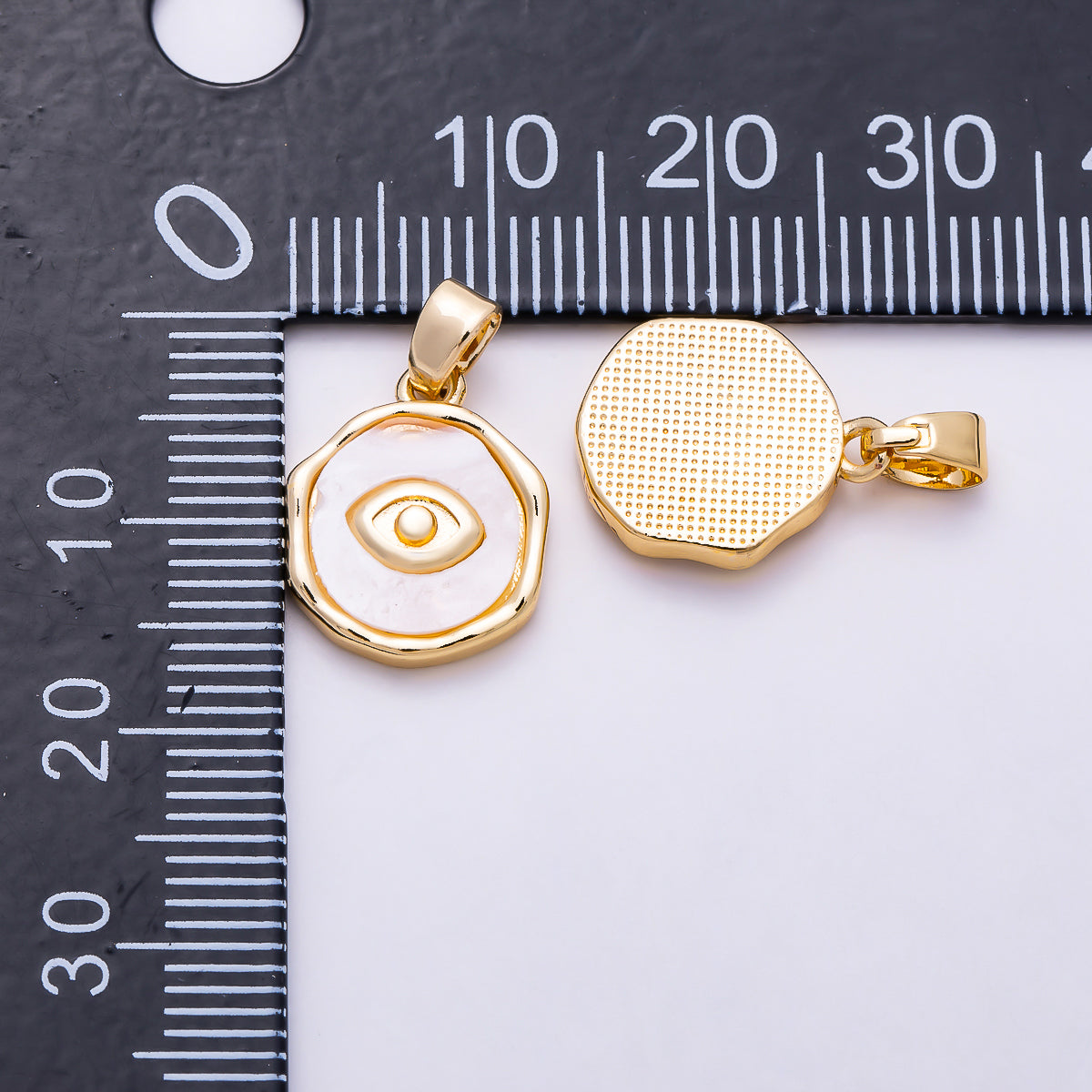 16K Gold Filled 14mm White Mother of Pearl Evil Eye Religious Pendant | Charms-01983