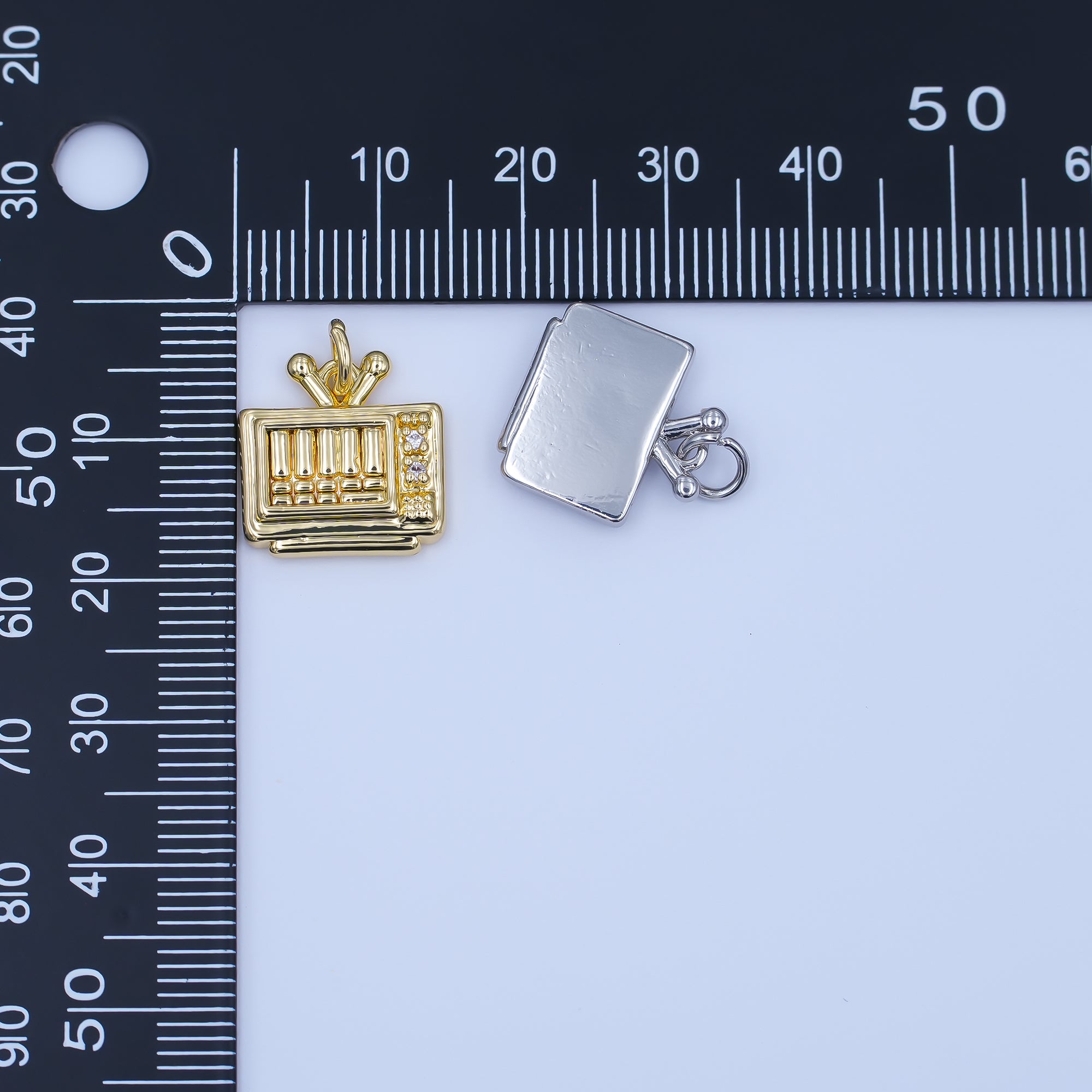 24K Gold Filled Clear CZ Vintage Retro Television TV Charm in Gold & Silver | E494
