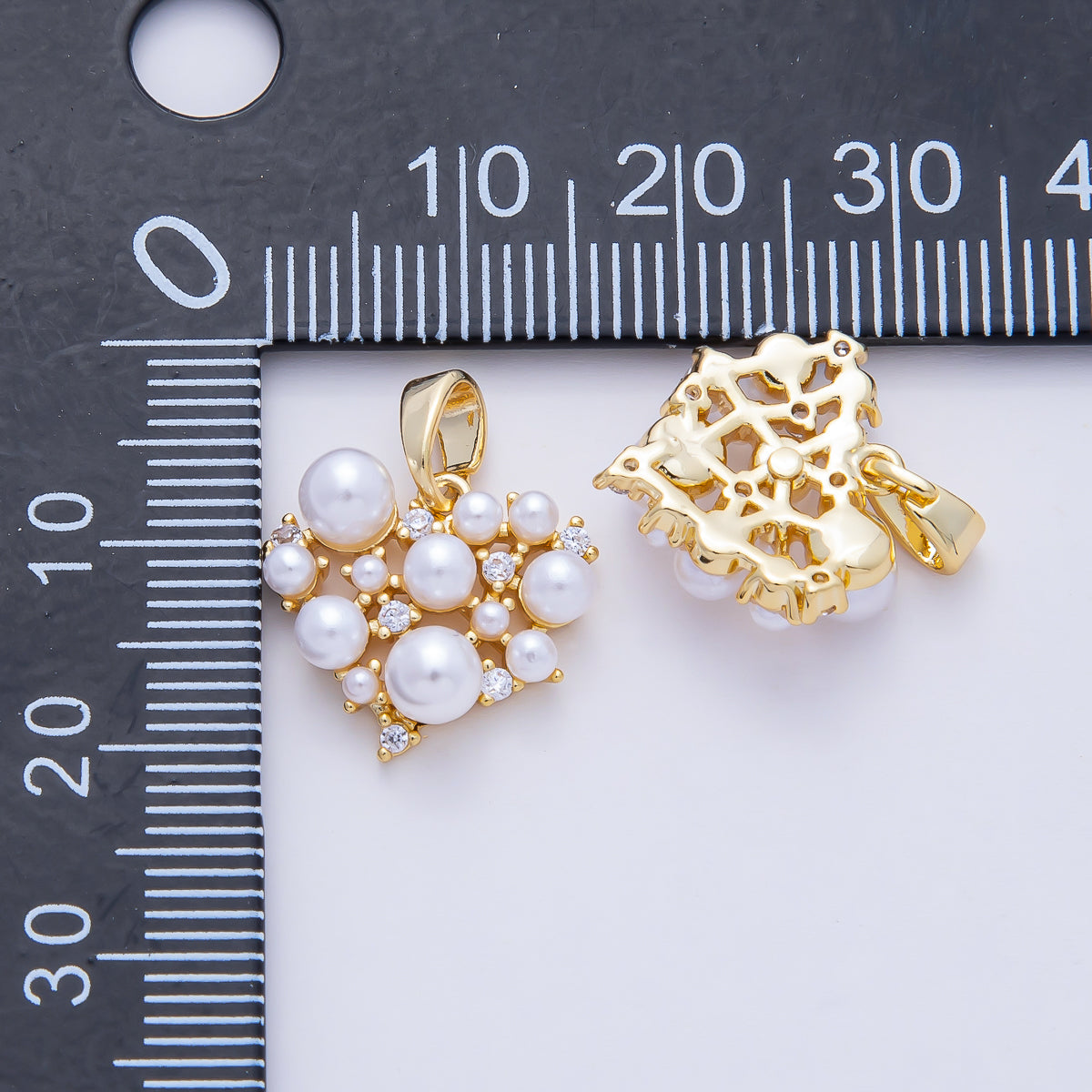 18K Gold Filled 15mm Mix Shell Pearl and CZ Dotted Heart Pendant Charm | AF1180