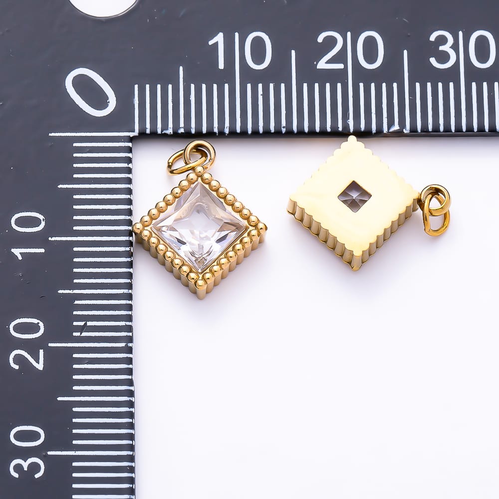 Stainless Steel PVD 14mm Princess Cut Clear CZ Geometric Rhombus Mini Charm in Gold & Silver | Charms-02064 - Charms-02065