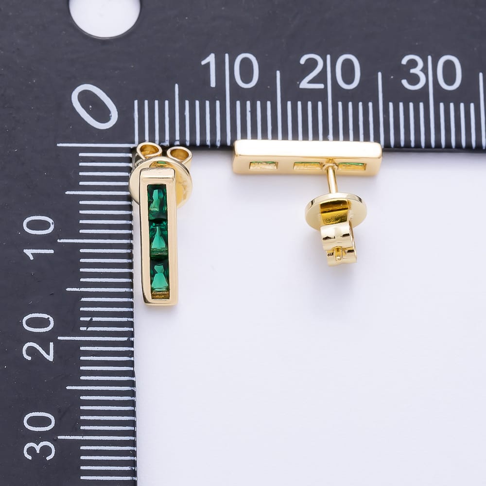 16K Gold Filled 14mm Green Baguette CZ Bar Stud Earrings in Gold & Silver | Earrings-01231 Earrings-01232