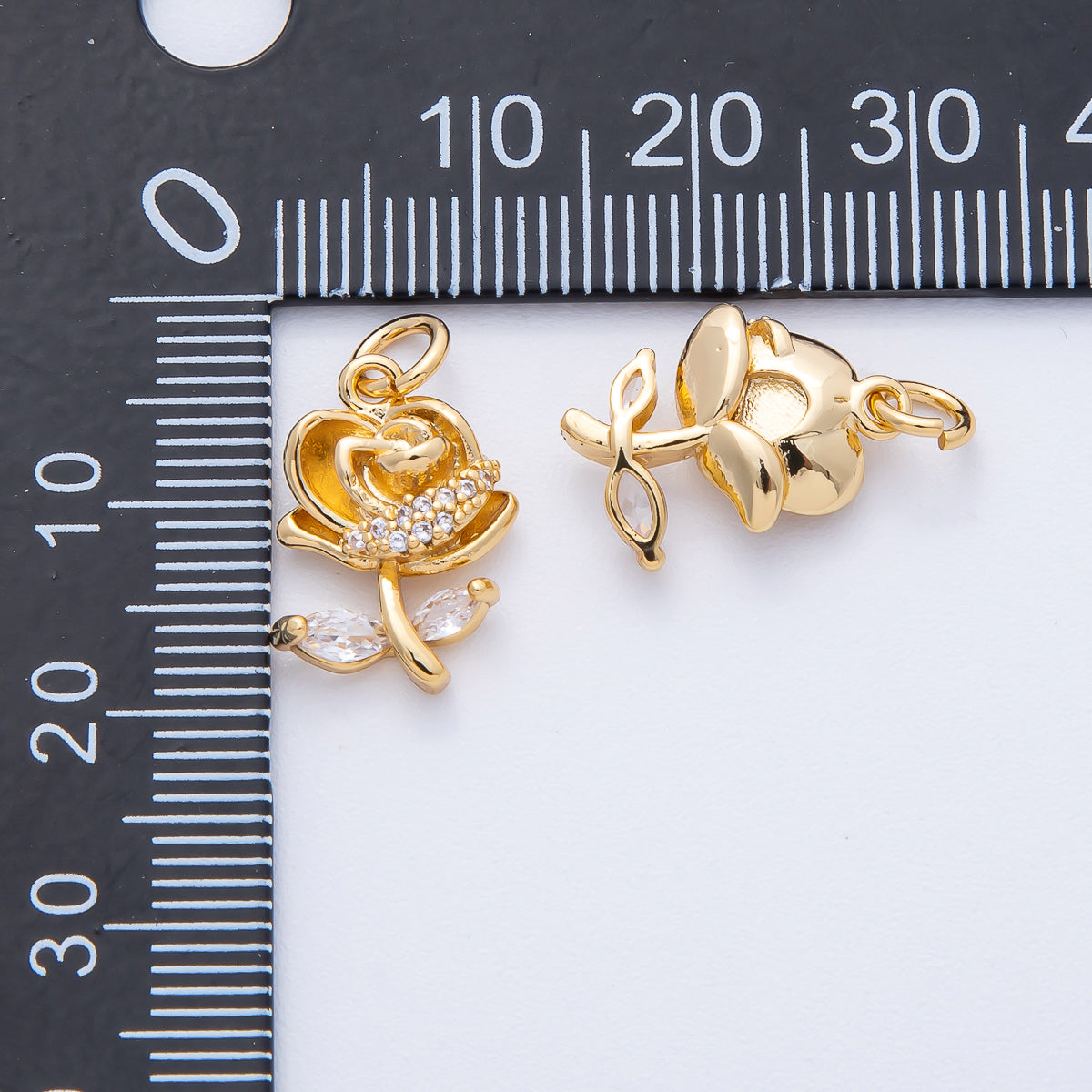 18K Gold Filled 14.5mm Marquise Micro Paved CZ Rose Flower Charm | AK188