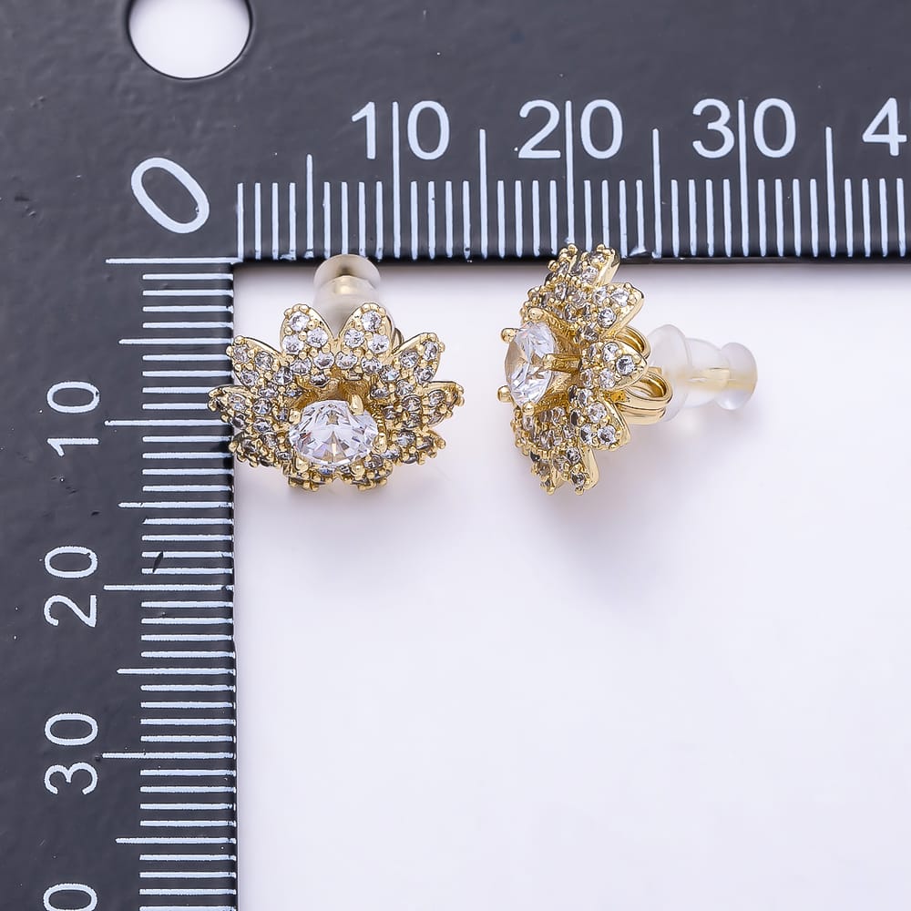 16K Gold Filled 15mm Clear Micro Paved CZ Flower Stud Earrings | Earrings-01111