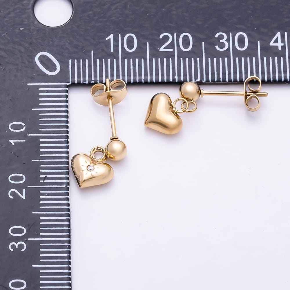 Stainless Steel PVD 10mm Clear CZ Starburst Chubby Heart Round Drop Stud Earrings in Gold & Silver | Earrings-01159 Earrings-01160