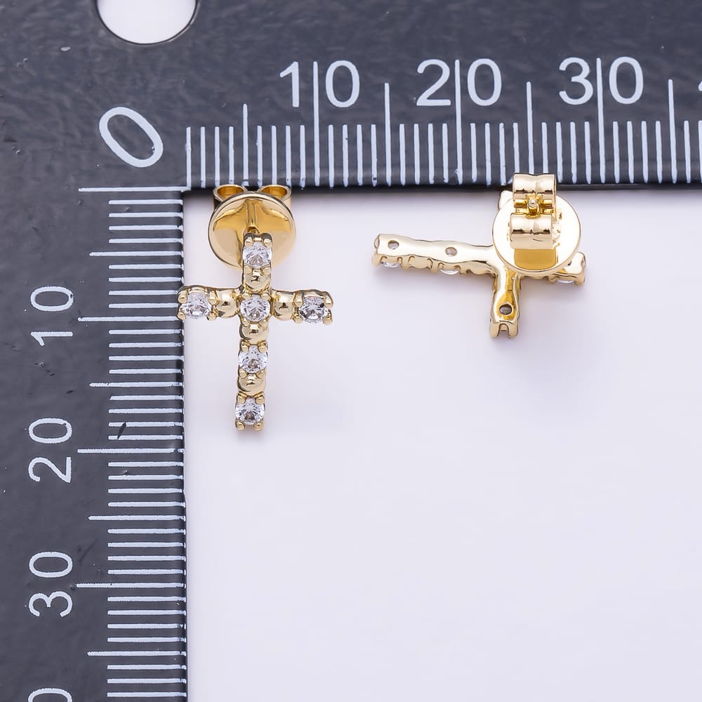 14K Gold Filled 15mm Clear CZ Round Bead Religious Cross Stud Earrings | Earrings-01149