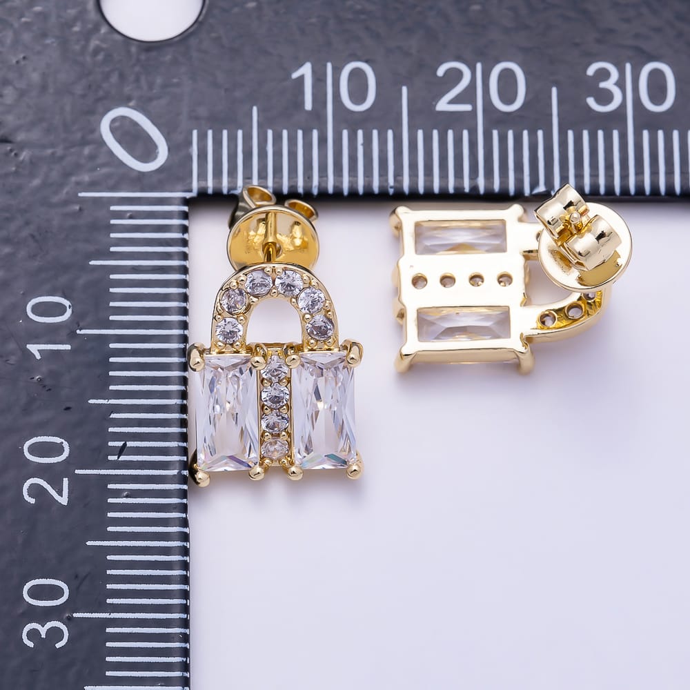 16K Gold Filled 15mm Clear Baguette CZ Handbag Lock Motif Stud Earrings| Earrings-00888 - Earrings-00889