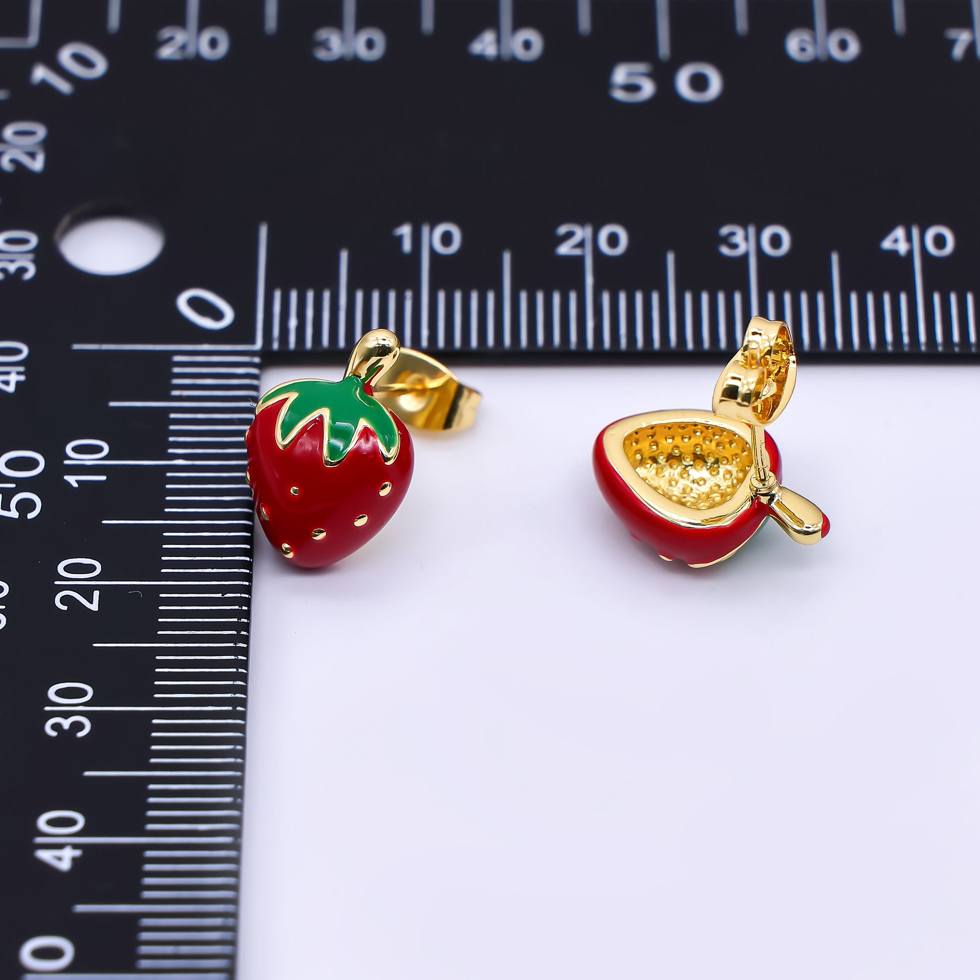24K Gold Filled 15mm Red Enamel Strawberry Fruit Stud Earrings | AI424