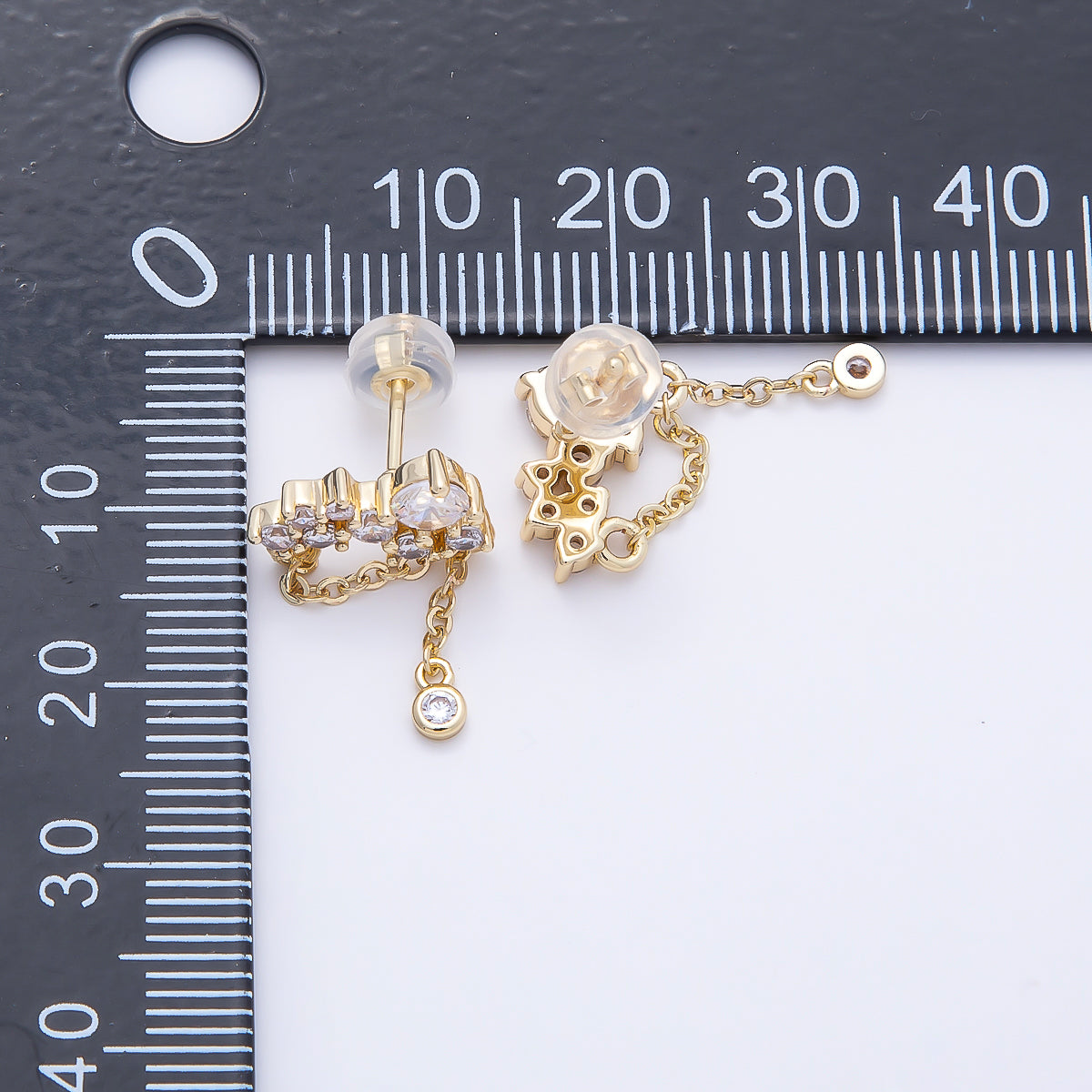 16K Gold Filled 15mm Clear CZ Round Cluster Chain Drop Stud | Earrings-00652