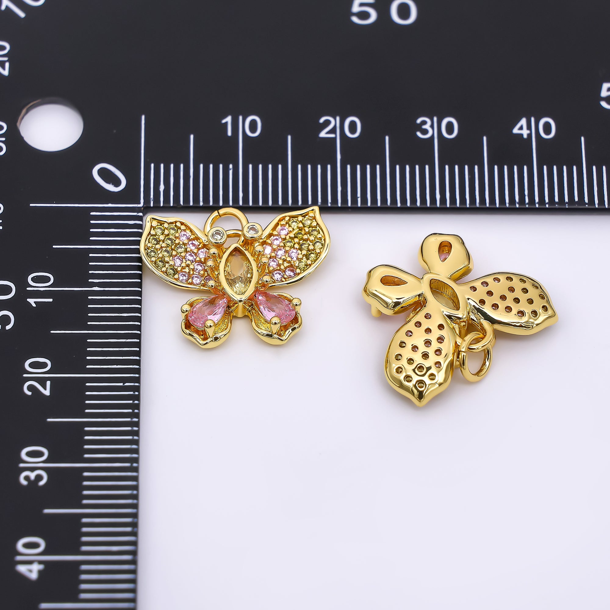 24K Gold Filled 15mm Mixed-Cut Pink CZ Big Butterfly Wings Animal Charm | AF-517