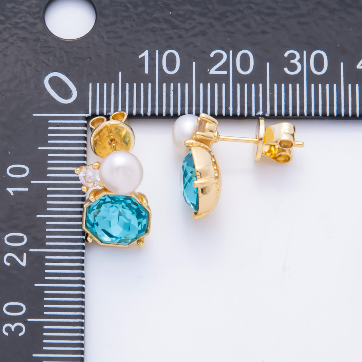 18K Gold Filled Blue Octagonal CZ Shell Pearl Cluster Studs Earrings | AJ-194
