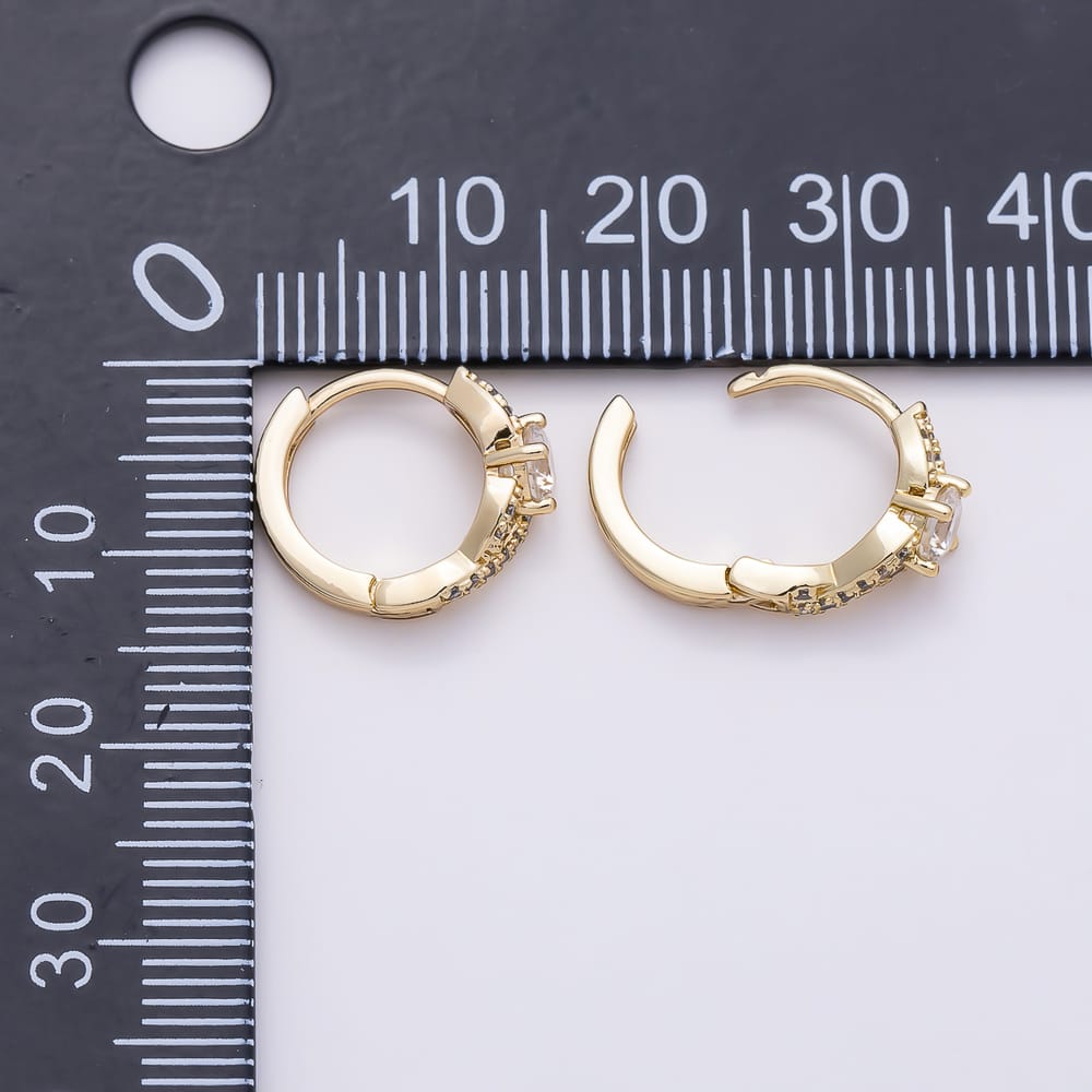 14K Gold Filled 12mm Clear Round Micro Paved CZ Twist Solitaire Huggie Earrings | Earrings-01125