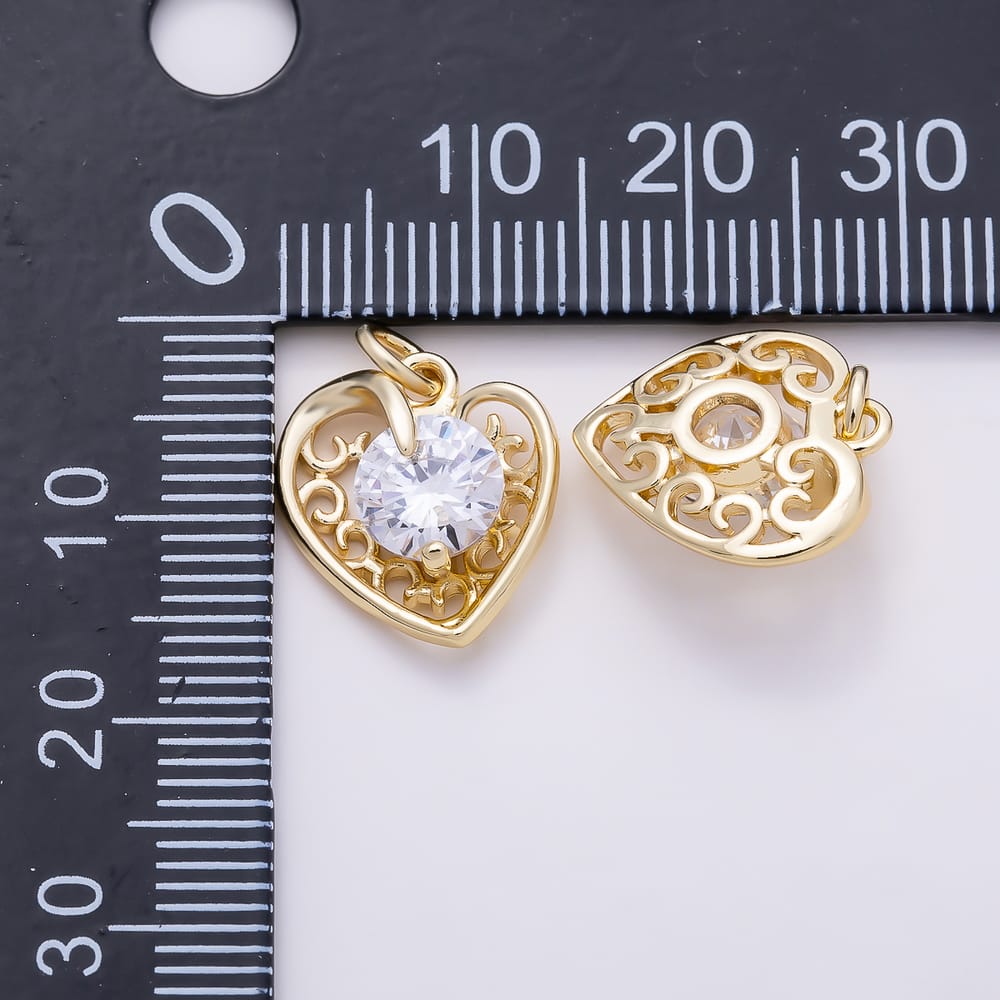 16K Gold Filled 15mm Clear Round CZ Filigree Open Heart Charm in Gold & Silver | Charms-02266 Charms-02267