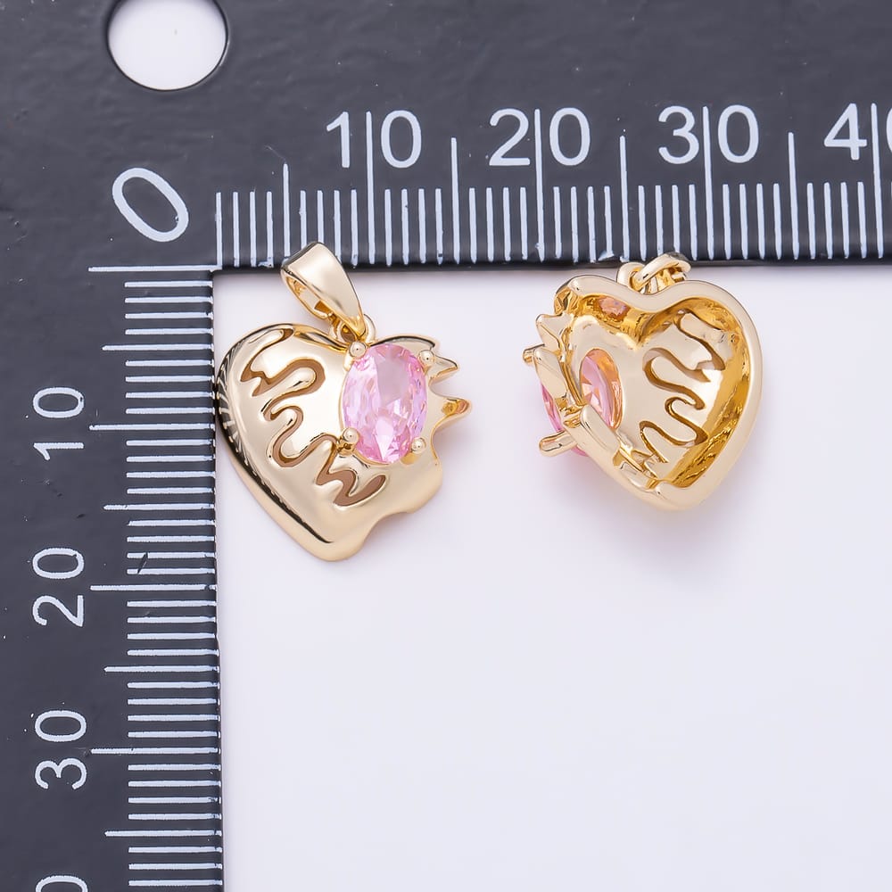 16K Gold Filled 15mm Pink Oval CZ Wave Molten Heart Pendant in Gold & Silver | Charms-02375 Charms-02376