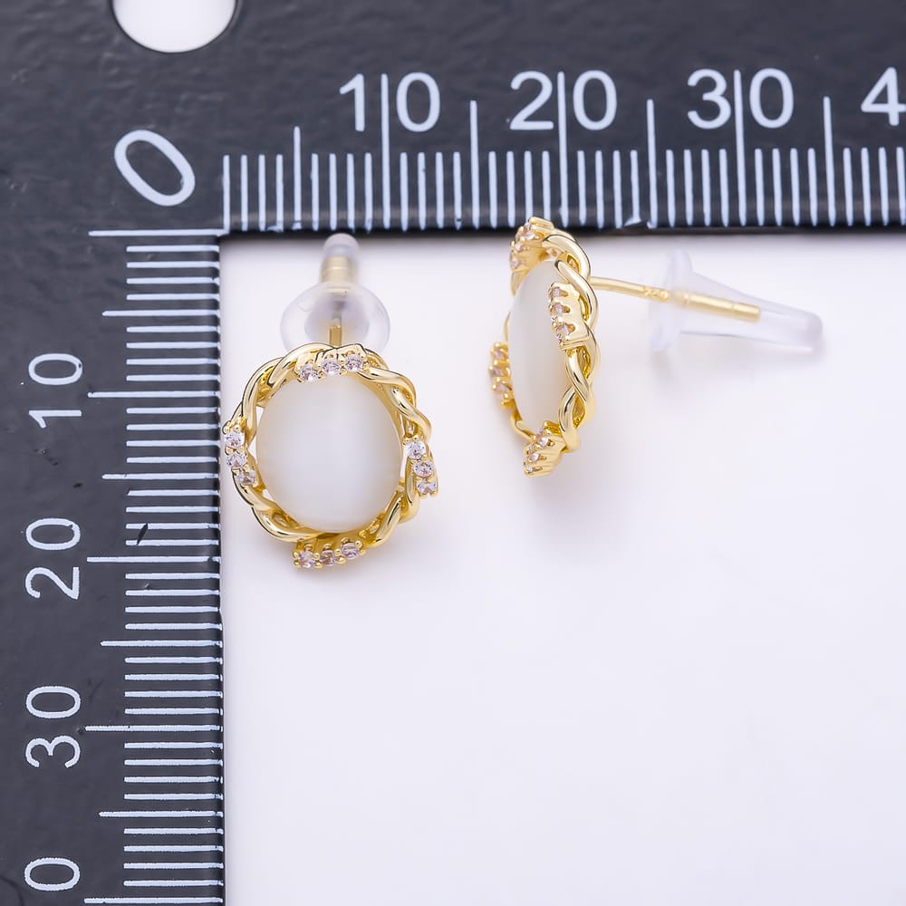 16K Gold Filled 14mm Oval White Cat Eye CZ Twisted Frame Stud Earrings | Earrings-00989 - Earrings-00990