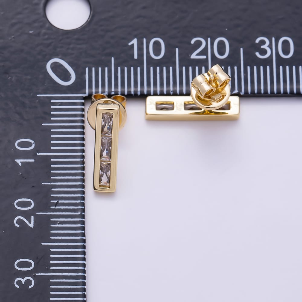 16K Gold Filled 14mm Vertical Bar Clear Baguette CZ Stud Earrings | Earrings-00931