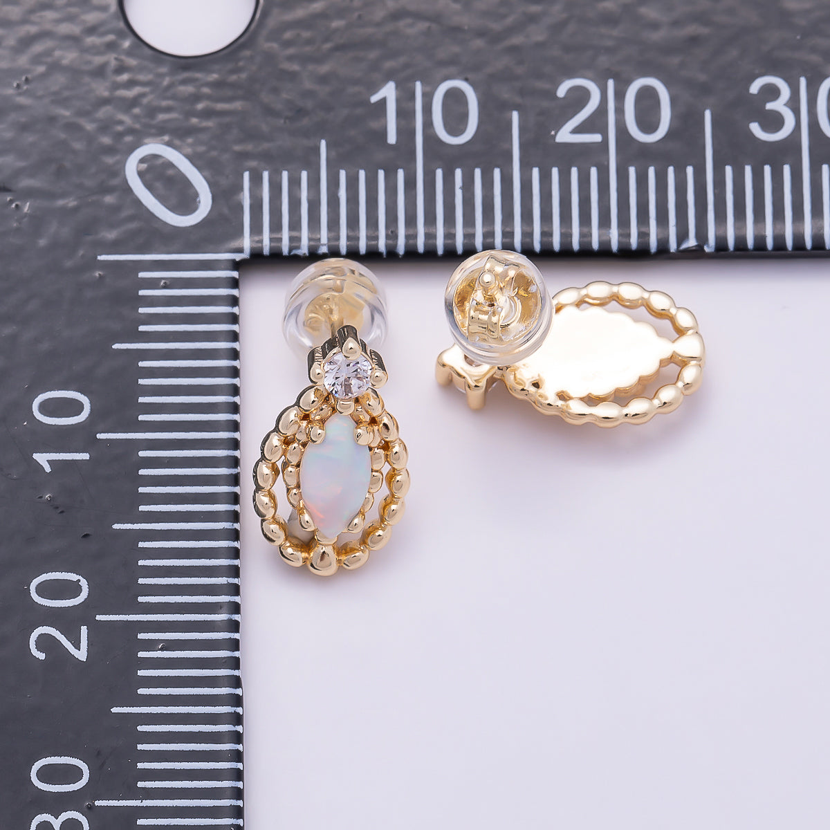 16K Gold Filled 14mm CZ Opal Navette Double Dotted Geometric Stud Earrings | Earrings-00459