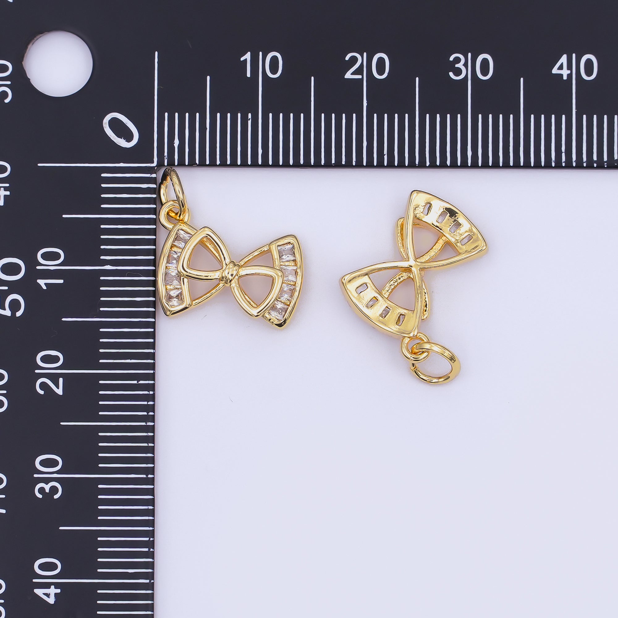 24K Gold Filled Baguette CZ Open Ribbon Bow Charm | AJ296