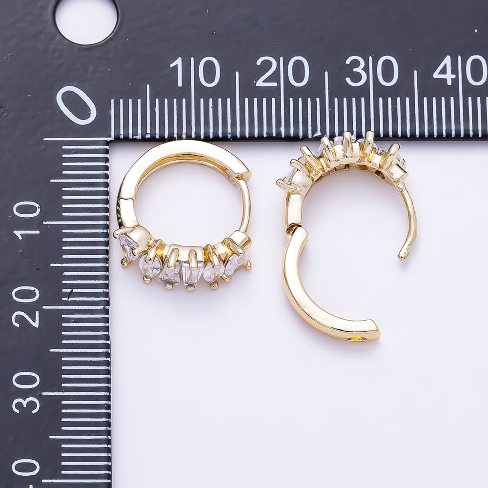 14K Gold Filled 15mm Clear CZ Teardrop Marquise Baguette Lined Huggie Earrings | Earrings-01115