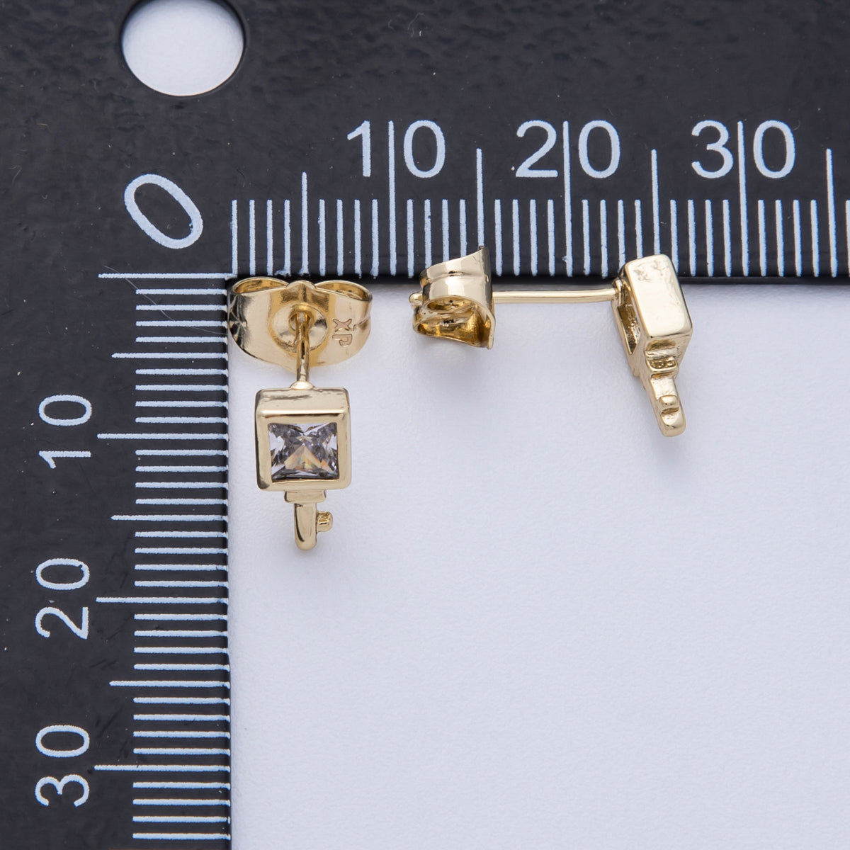 14K Gold Filled 15mm Clear CZ Baguette Square Key Stud Earrings | Earrings-020029