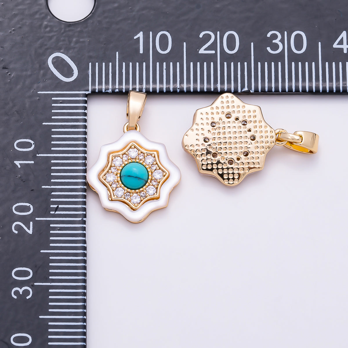 16K Gold Filled 15mm Turquoise Cabochon Natural Gemstone Clear Micro Paved CZ 8-Point Star Pendant | Charms-01936