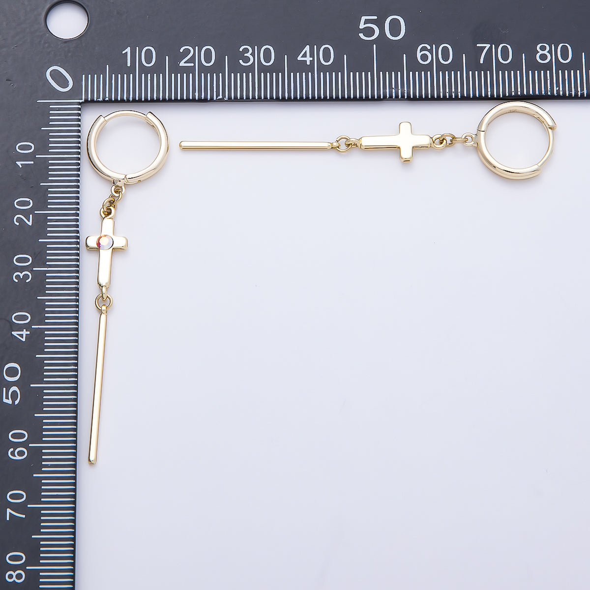 14K Gold Filled 60mm Iridescent AB, Clear CZ Religious Cross Bar Drop Huggie Earrings | Earrings-00648