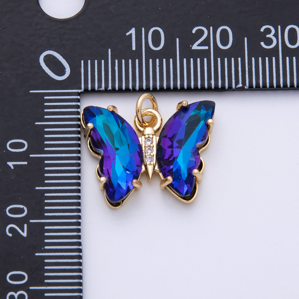14K Gold Filled 15mm Blue Acrylic Micro Paved CZ Butterfly Charm | E848