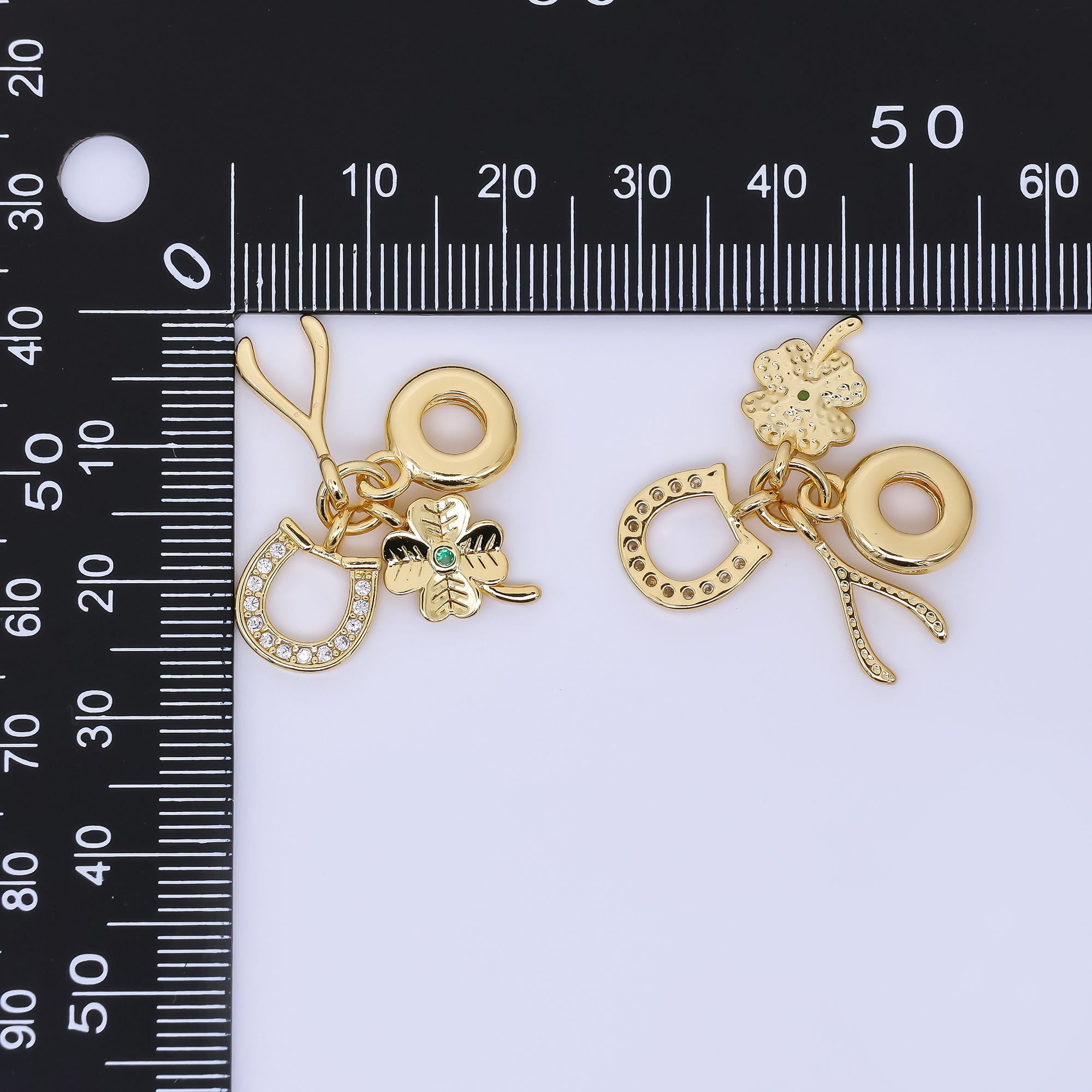 24K Gold Filled 15mm Wishbones, Horseshoe, & Lucky Clover Good Luck Set Rondelle Drop Charm | AC1647