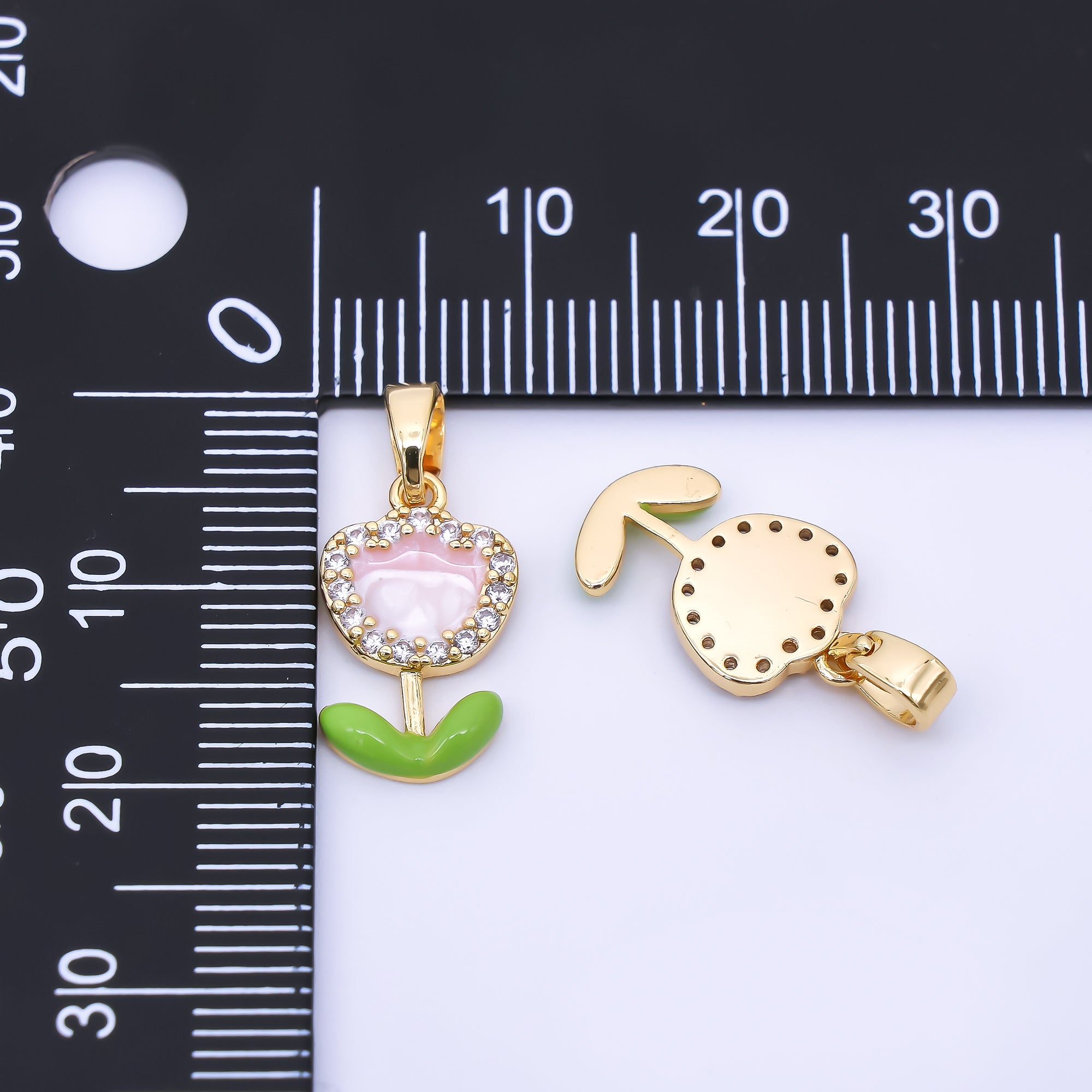 24K Gold Filled 15mm Micro Paved CZ Enamel Pink Rose Flower Pendant | AA1643