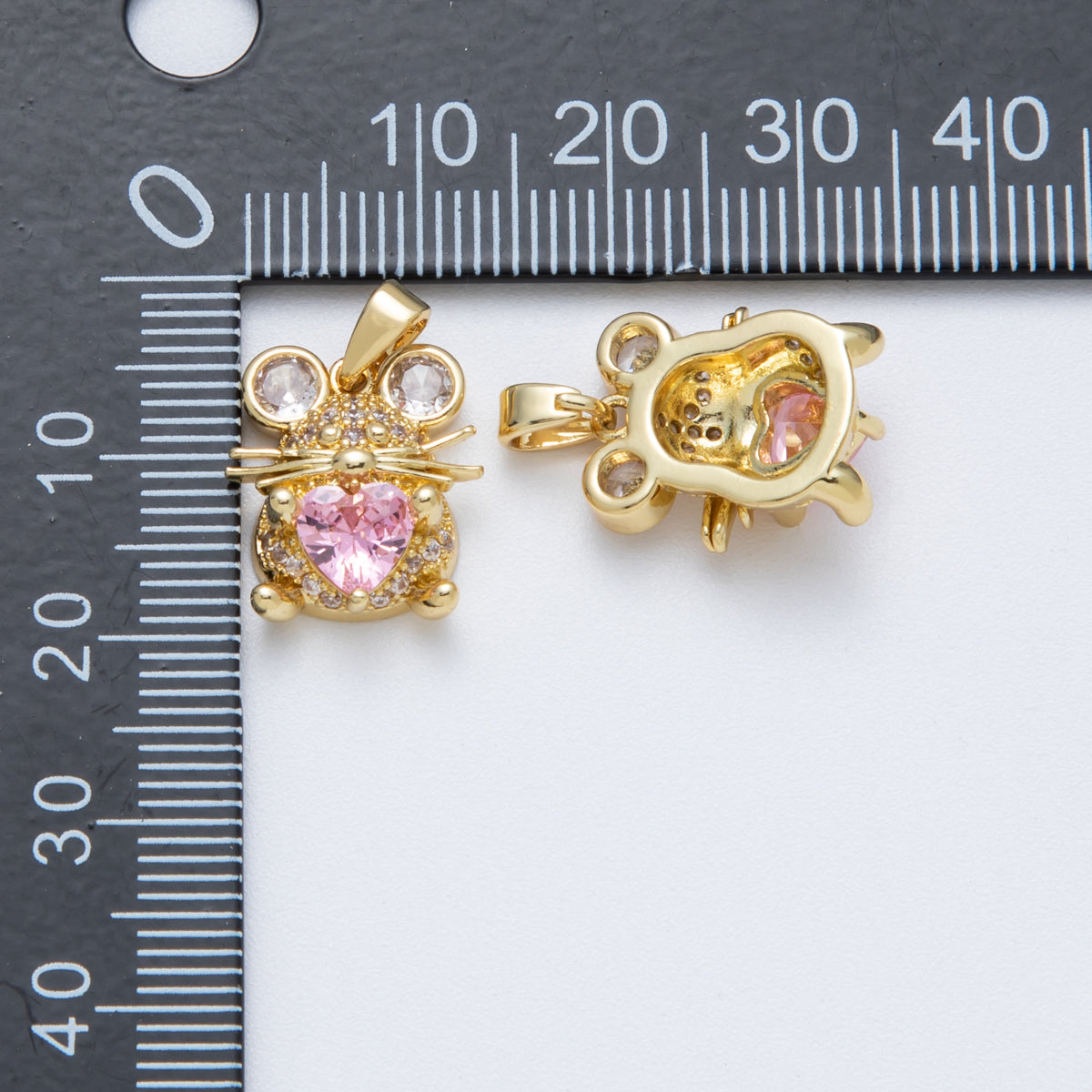 18K Gold Filled 15mm Pink Heart CZ Micro Paved Mouse Mice Animal Pendant | Charms-00148