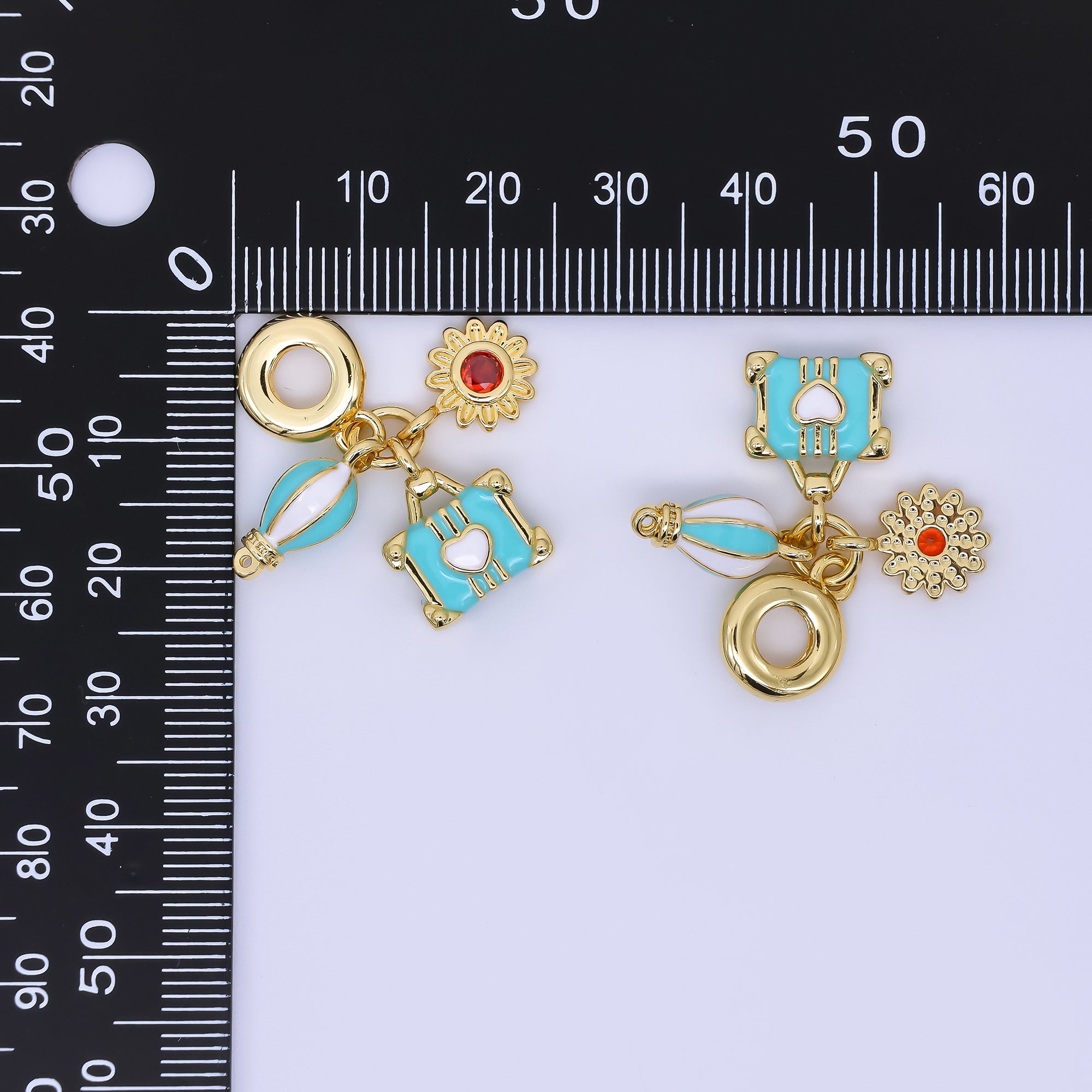 24K Gold Filled 15mm Hot Air Balloon, Lifesaver, & Sunflower Summer Holidays Set Rondelle Drop Charm | AC1637