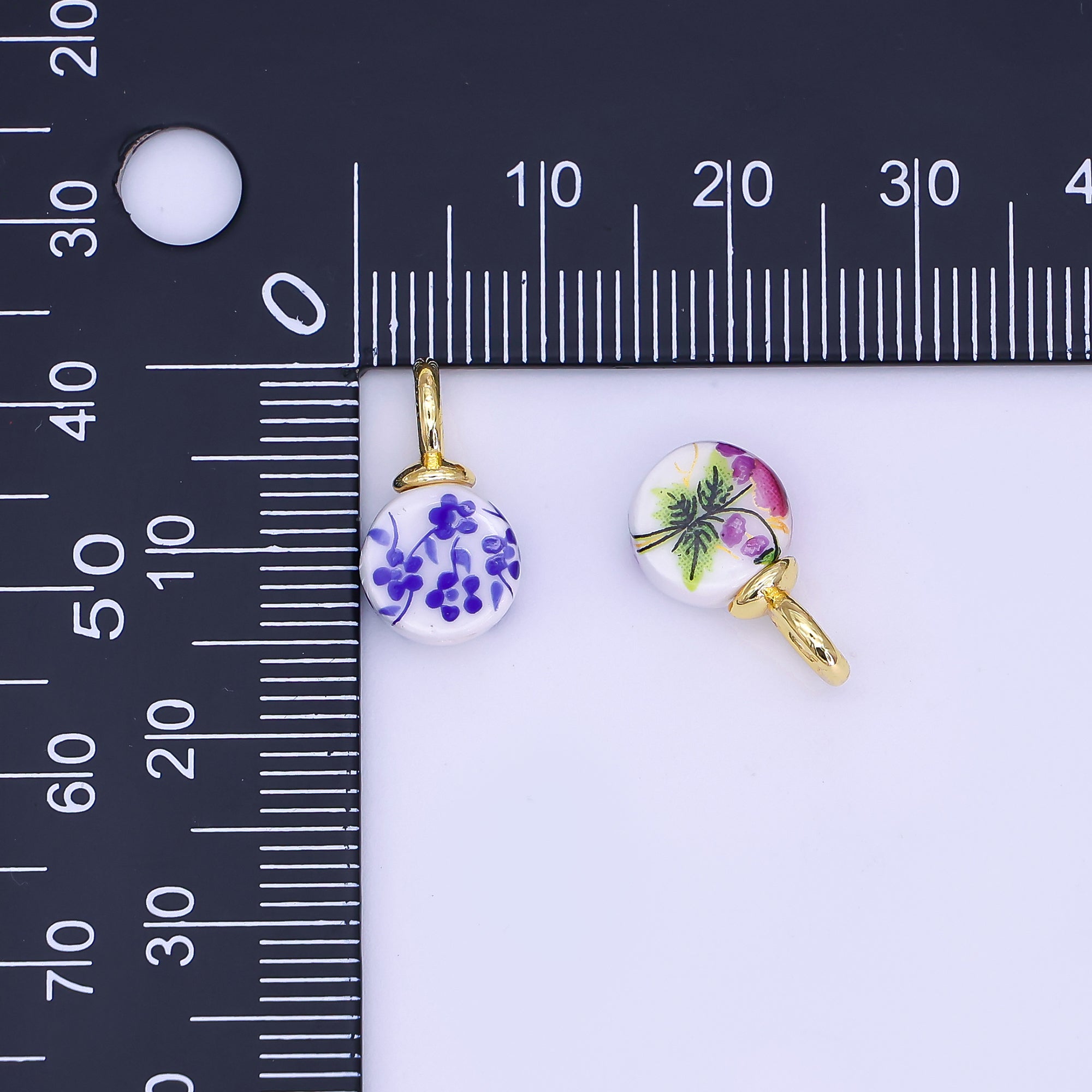 24K Gold Filled Blue, Red Flower Round Ceramic Drop Pendant | N131 N133