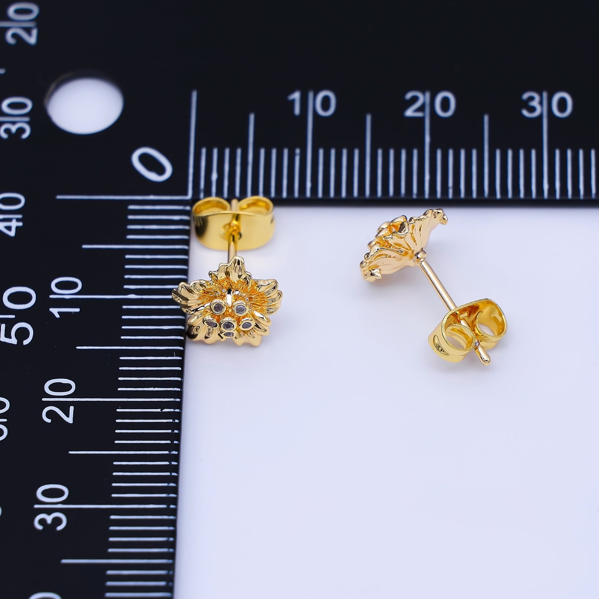 24K Gold Filled Clear Round CZ Minimalist Flower Stud Earrings | AB1634