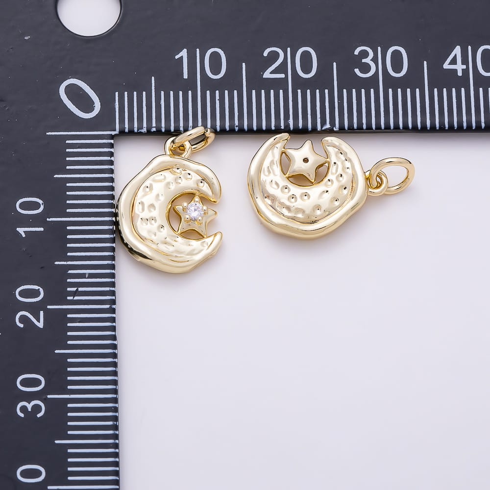 16K Gold Filled 15mm Clear CZ Hammered Crescent Moon & Star Pendant Charm | Charms-02140 - Charms-02141