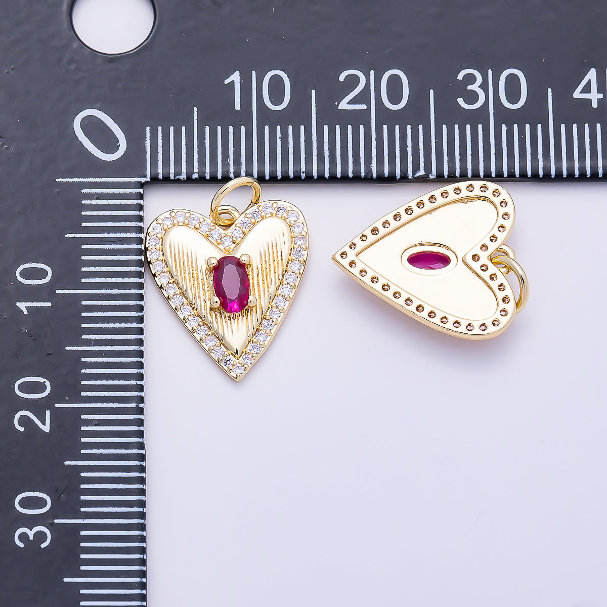 16K Gold Filled 15.5mm Fuchsia Oval CZ Micro Paved Ribbed Heart Charm | Charms-01272
