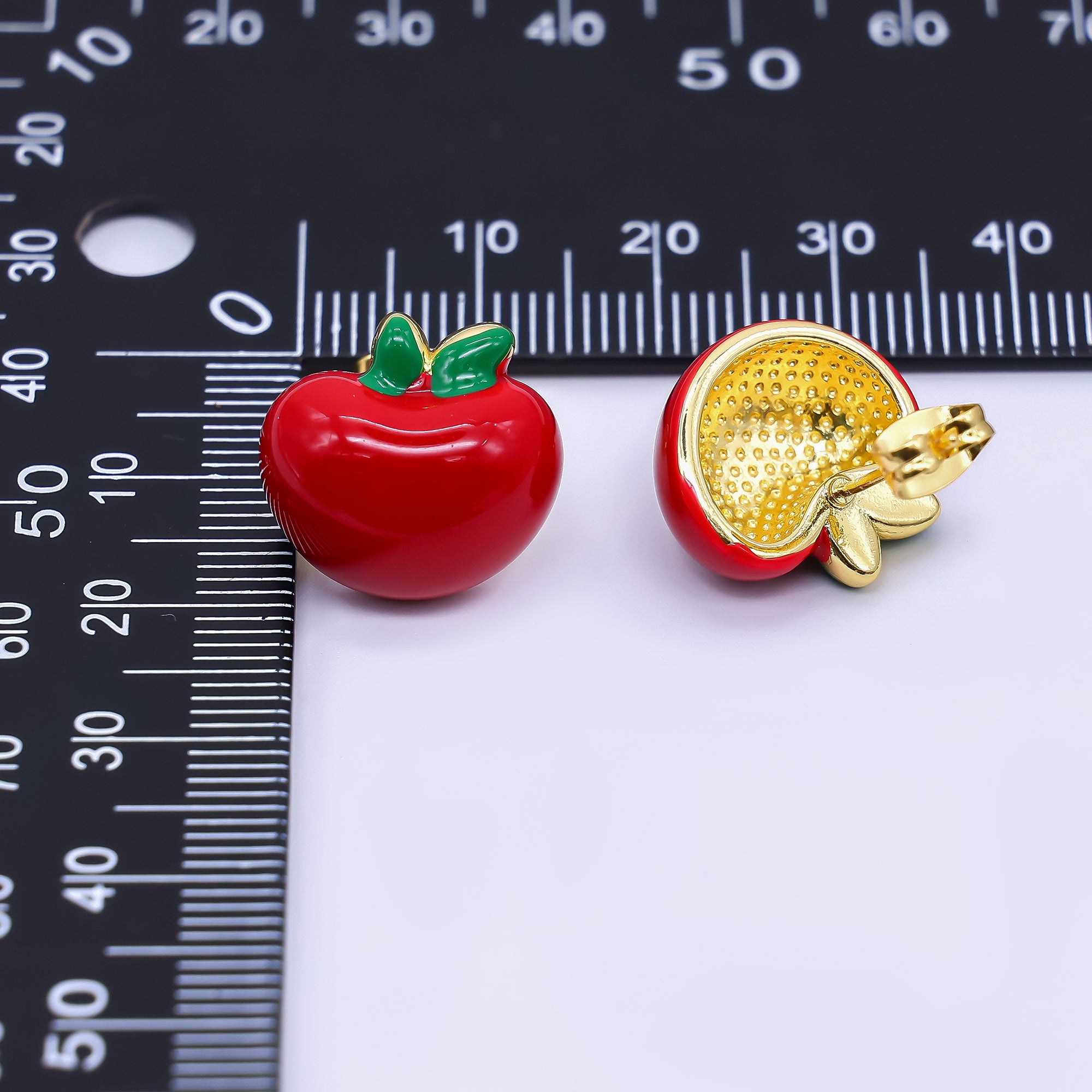24K Gold Filled 15.5mm Red Enamel Apple Fruit Stud Earrings | AI423