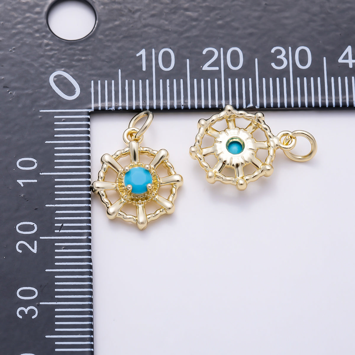16K Gold Filled 15mm Turquoise CZ Nautical Ship Wheel Compass Charm | Charms-01624
