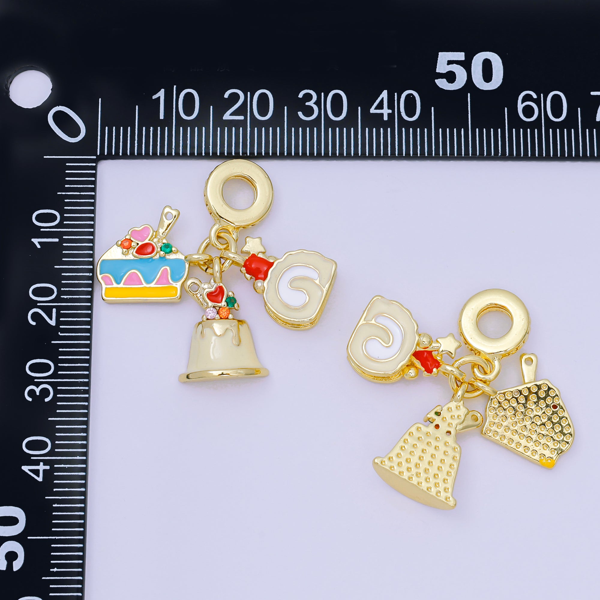 24K Gold Filled 15mm Micro Paved CZ Enamel Art Sweets Dessert Set Charm in Muffin, Cake, & Roll-Cake Rhondelle Drop Pendant | D-909