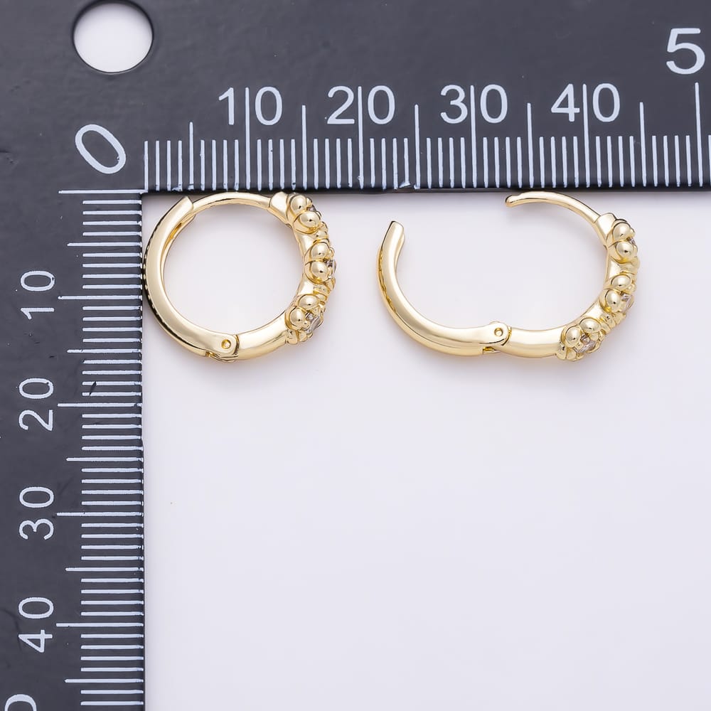 14K Gold Filled 15mm Clear Round CZ Triple Flower Huggie Earrings | Earrings-01126