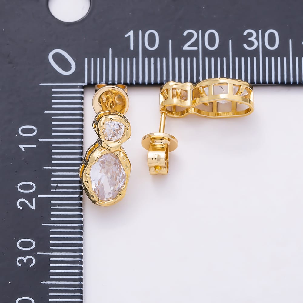 16K Gold Filled 16mm Artisan Molten Bezel Round & Oval CZ Drop Stud Earrings | Earrings-01029