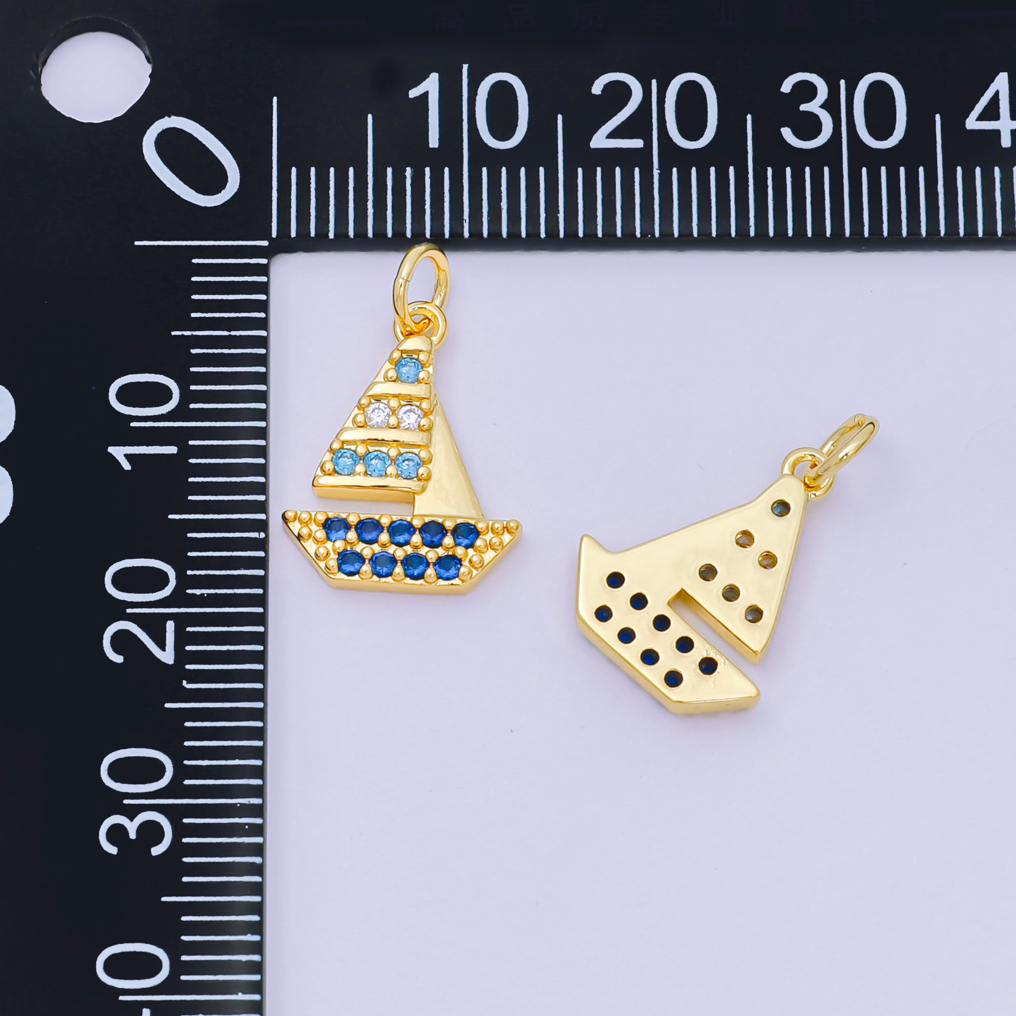 24K Gold Filled 16mm Royal Blue Micro Paved CZ Sailing Ship Charm | D-353