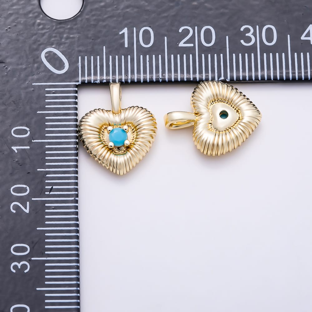16K Gold Filled 16mm Round Turquoise CZ Vintage Fluted Ribbed Heart Charm | Charms-02204 - Charms-02205