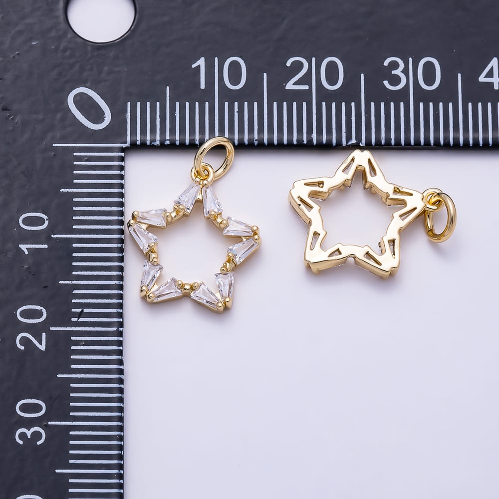 16K Gold Filled 27mm Baguette Clear CZ Celestial Openwork Star Charm | Charms-02154 - Charms-02155