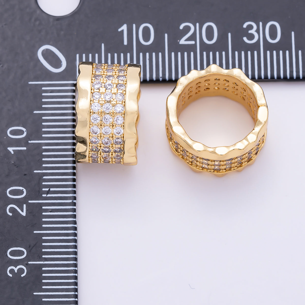 16K Gold Filled 9.5mm Micro Paved CZ Lined Molten Wavy Rondelle Bead | Beads-00533