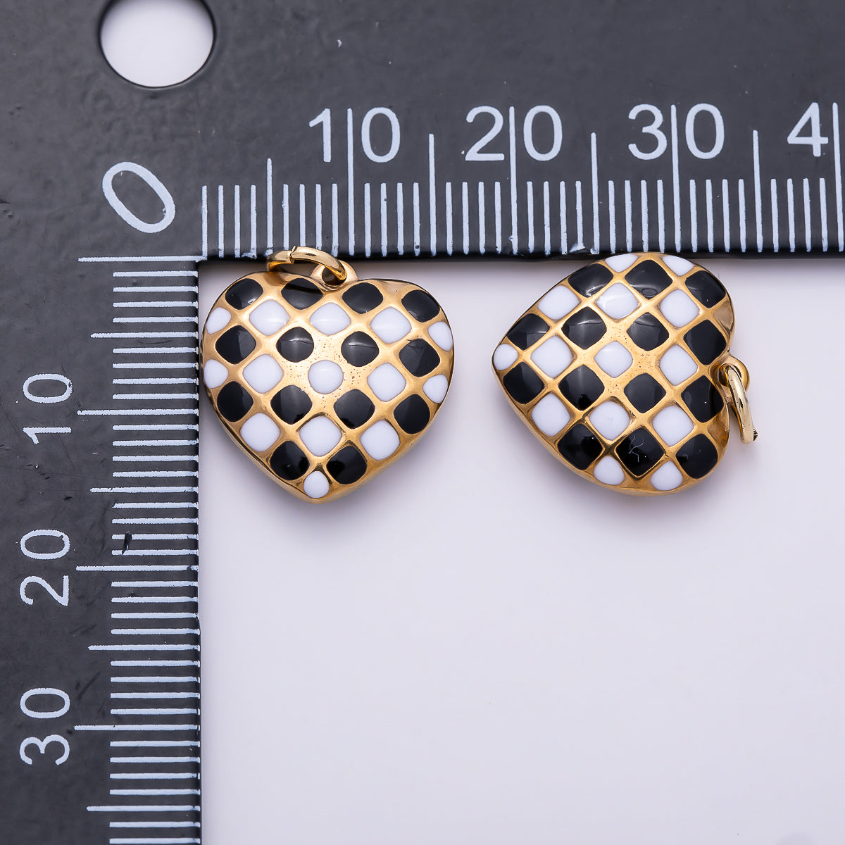 PVD Gold Stainless Steel 16mm Black & White Checkered Enamel Heart Charm | Charms-01428