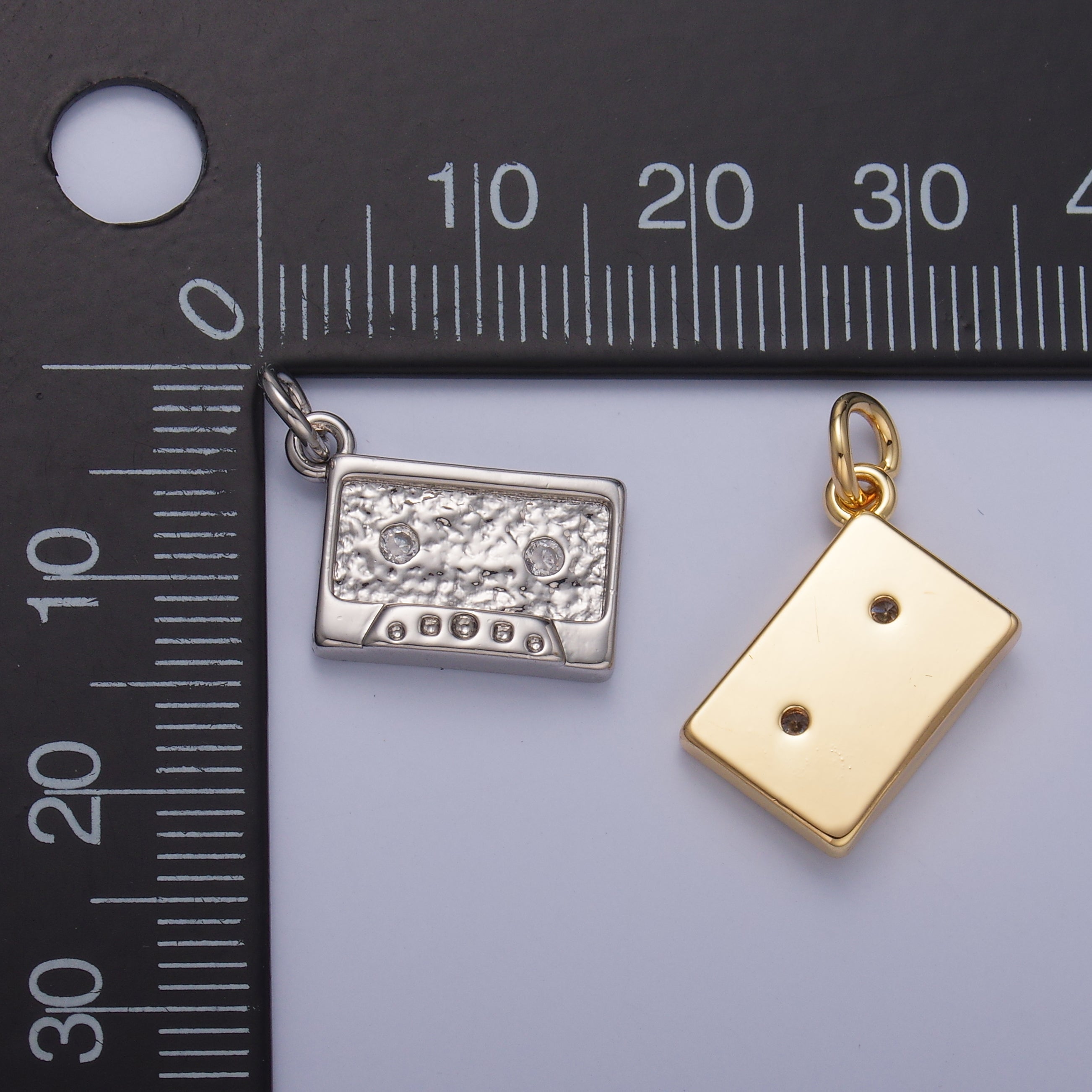 24K Gold Filled CZ Vintage Cassette Music Tape Charm in Gold & Silver | W415