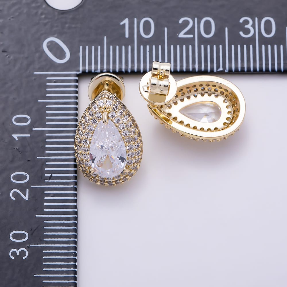 16K Gold Filled 16mm Micro Paved CZ Teardrop Bezel Stud Earrings | Earrings-00953